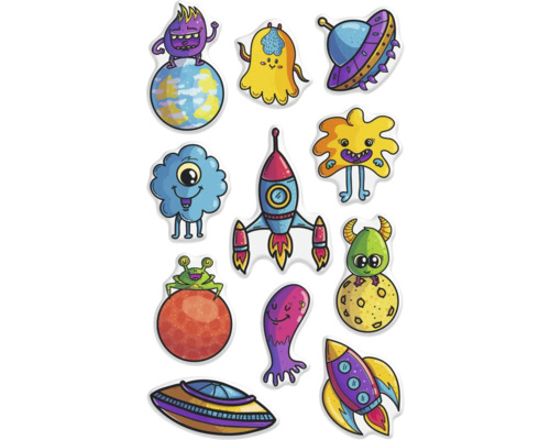 Klistermärkesark med motiv av monster, raketer och ufon