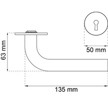 Teknisk ritning av ett dörrhandtag med måtten: 135 mm längd och 63 mm höjd