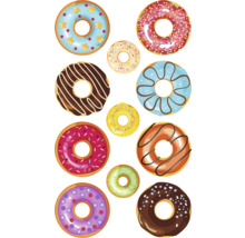 Illustration av flera munkar med olika typer av glasyr och strössel