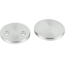 Två runda, silverfärgade rosetter av metall med skruvhål