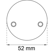 Teknisk ritning av ett runt lock med två borrhål och måttet 52 mm