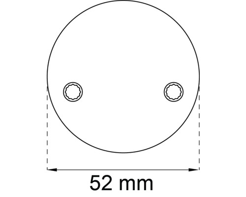 Teknisk ritning av ett runt lock med två borrhål och måttet 52 mm