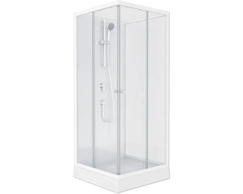 Duschkabin med duschhuvud och armaturer