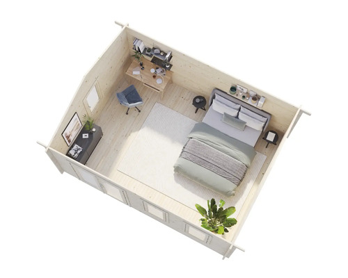 Interiör av ett trädgårdshus med sovrum och arbetsplats