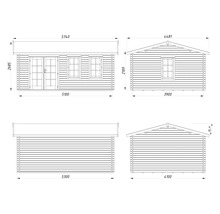 Teknisk ritning av ett trädgårdshus med mått