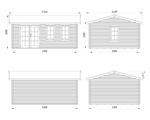 Teknisk ritning av ett trädgårdshus med mått