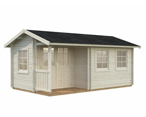 Trädgårdshus med fönster och täckt veranda