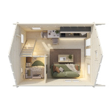 Interiör av ett trähus med vardagsrum, kök och sovplats på två våningar