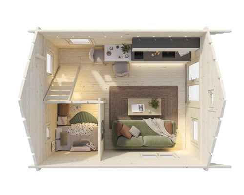 Interiör av ett trähus med vardagsrum, kök och sovplats på två våningar