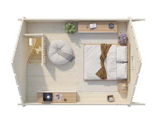 Interiörbild av ett trähus med sovrum, sittgrupp och trappa