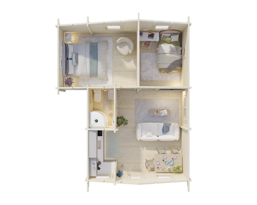 Planritning av ett trähus i två våningar med sovrum, badrum och vardagsrum