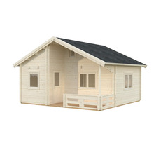 Trädgårdshus i trä med sadeltak och veranda