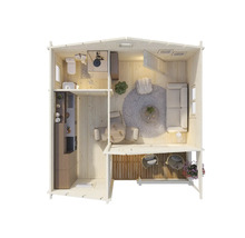 Interiör av trähus med badrum, kök, vardagsrum och terrass