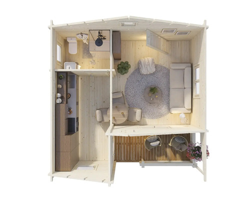 Interiör av trähus med badrum, kök, vardagsrum och terrass