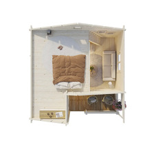 Översikt av trähus med sovrum, vardagsrum och balkong