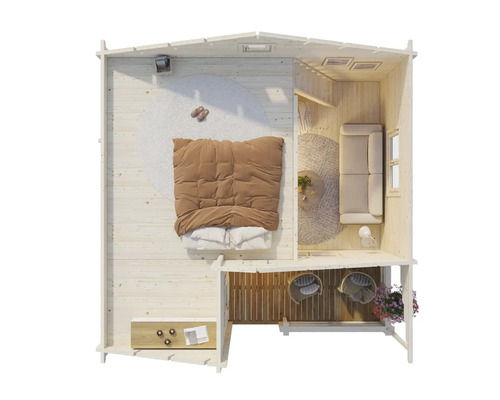 Översikt av trähus med sovrum, vardagsrum och balkong