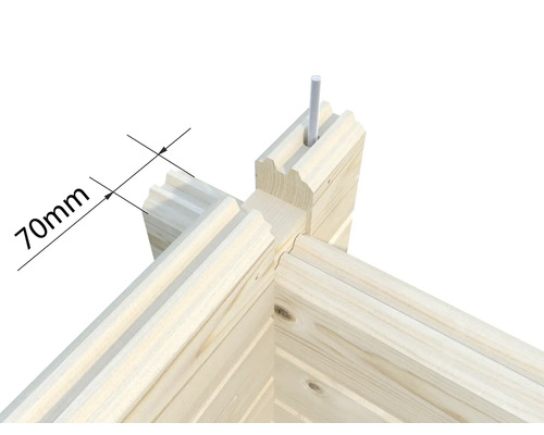 Detaljvy av ett hörn av ett trähus med en dimension på 70 mm