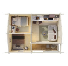 Planlösning av ett trädgårdshus med sovrum, kök och vardagsrum