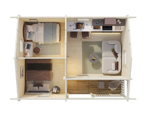 Planlösning av ett trädgårdshus med sovrum, kök och vardagsrum