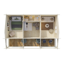 Planlösning för trähus med sovrum, badrum, kök, matsal, vardagsrum och veranda