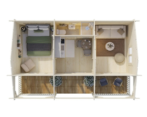 Planlösning för trähus med sovrum, badrum, kök, matsal, vardagsrum och veranda