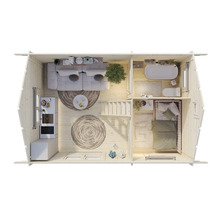 Planritning av ett trähus med vardagsrum, kök, badrum och sovrum