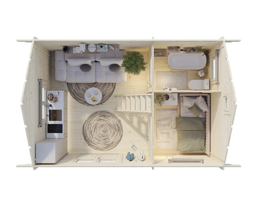 Planritning av ett trähus med vardagsrum, kök, badrum och sovrum