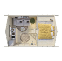 Översikt över ett trähus med vardagsrum, kök och sovrum