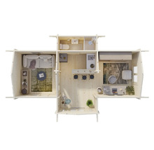 Toppvy av ett trädgårdshus med vardagsrum, badrum, kök och sovrum