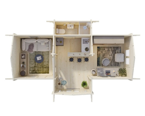 Toppvy av ett trädgårdshus med vardagsrum, badrum, kök och sovrum