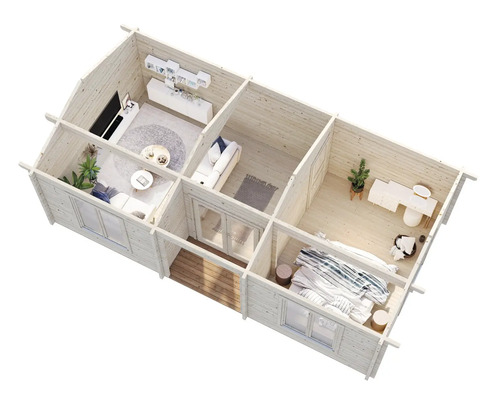 Översikt över ett trähus med vardagsrum, badrum och sovrum