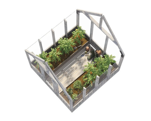 Växthus med växter och trädgårdstillbehör