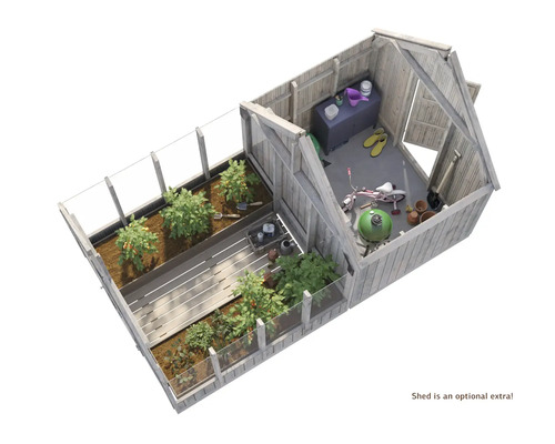 Vy från ovan: växthus med växter och redskapsbod för trädgårdsredskap