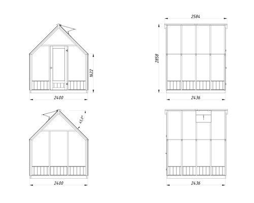 Teknisk ritning av ett växthus med mått