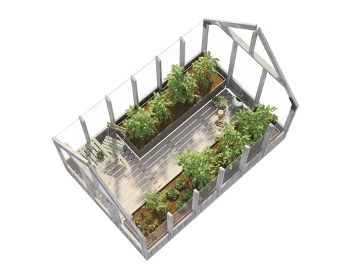 Växthus med växter och odlingsbord