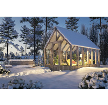 Vinterträdgård med träram och snötäckt tak i vinterträdgård