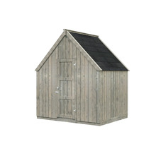 Trädgårdshus i trä med sadeltak och dörr