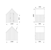 Teknisk ritning av ett trädgårdshus med mått