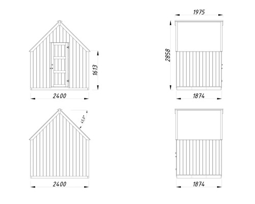 Teknisk ritning av ett trädgårdshus med mått