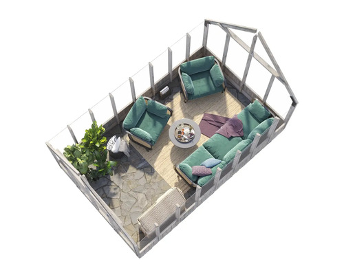 Interiör av ett uterum med sittmöbler och växter