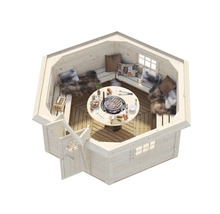 Grillkåta i trä med grillbord, sittbänkar och kuddar för mysiga grillkvällar