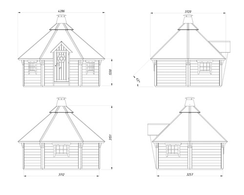 Teknisk ritning av en grillstuga med måttangivelser
