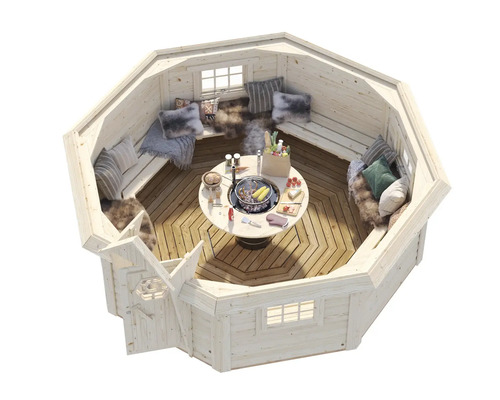 Åttakantig grillpaviljong med grillbord, bänkar och kuddar