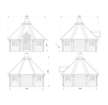 Ritning av ett trädgårdshus med mått och olika vyer.