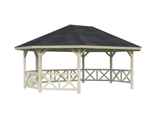 Trädgårdspaviljong i trä med mörkt tak