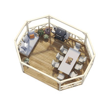 Översikt över ett trädgårdspaviljong i trä med sittmöbler och grill