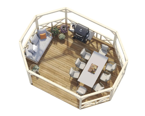 Översikt över ett trädgårdspaviljong i trä med sittmöbler och grill