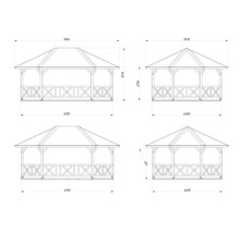Teknisk ritning av olika paviljongstorlekar med måttangivelser