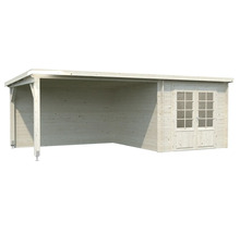 Trädgårdshus i trä med täckt terrass och dubbeldörr