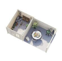 Interiör av ett trädgårdshus med två rum, utrustat med trädgårdsredskap, möbler och grill